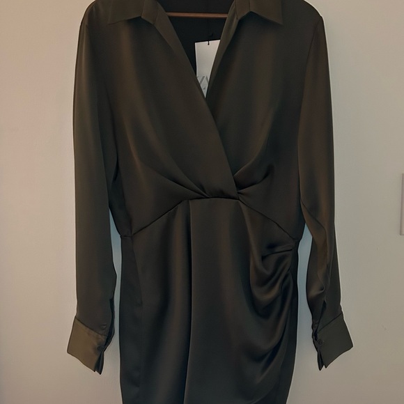 Zara Olive Satin Faux Wrap Long Sleeve Mini Dress - Picture 2 of 14